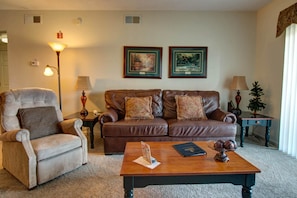 Condo, Multiple Beds (Whispering Pines 214) | Living area | Flat-screen TV, fireplace, DVD player