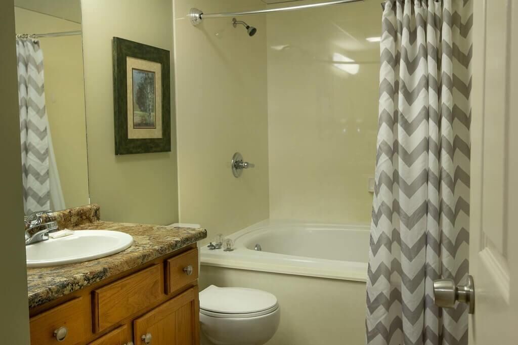 Une salle de bain avec douche, toilettes et lavabo.