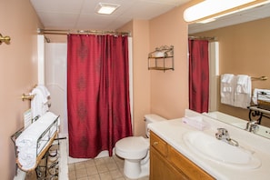 Ein Badezimmer mit Toilette, Waschbecken mit Spiegel und Duschvorhang.