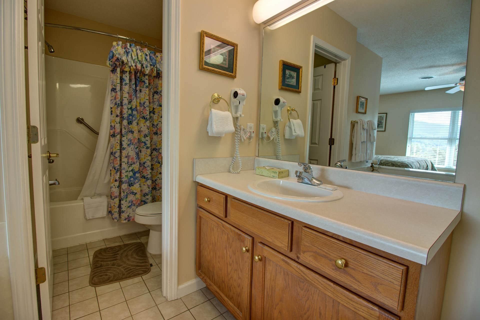 A bathroom with a shower, toilet, and vanity with a sink and mirror.