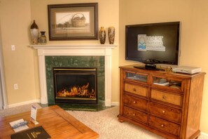 Condo, Multiple Beds (Whispering Pines 343) | Living area | Flat-screen TV, fireplace, DVD player
