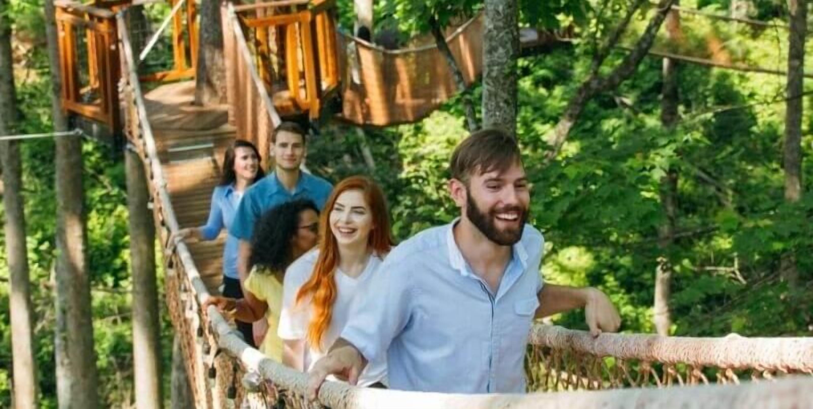 A group of people on a wooden bridge in a forested area.