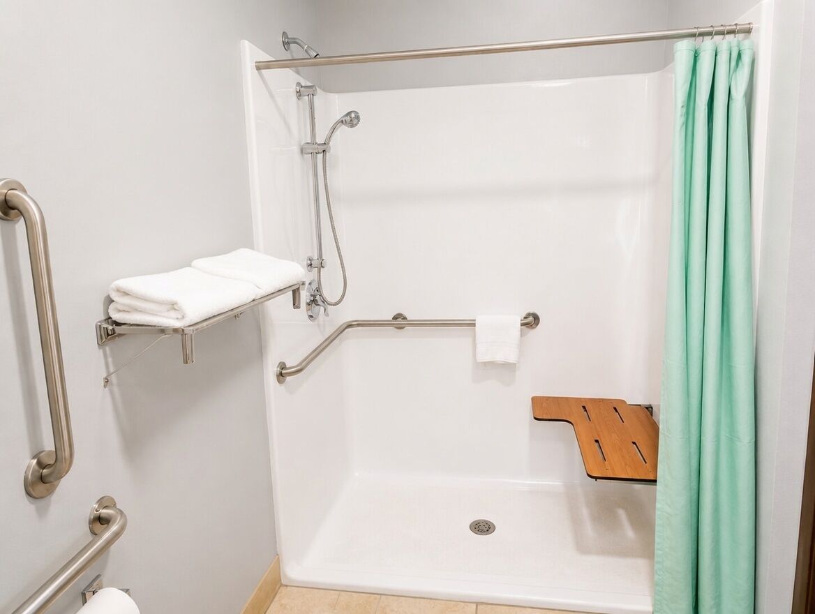 Studio Handicap Single Queen Bed | Bathroom | Free toiletries, hair dryer, towels, soap