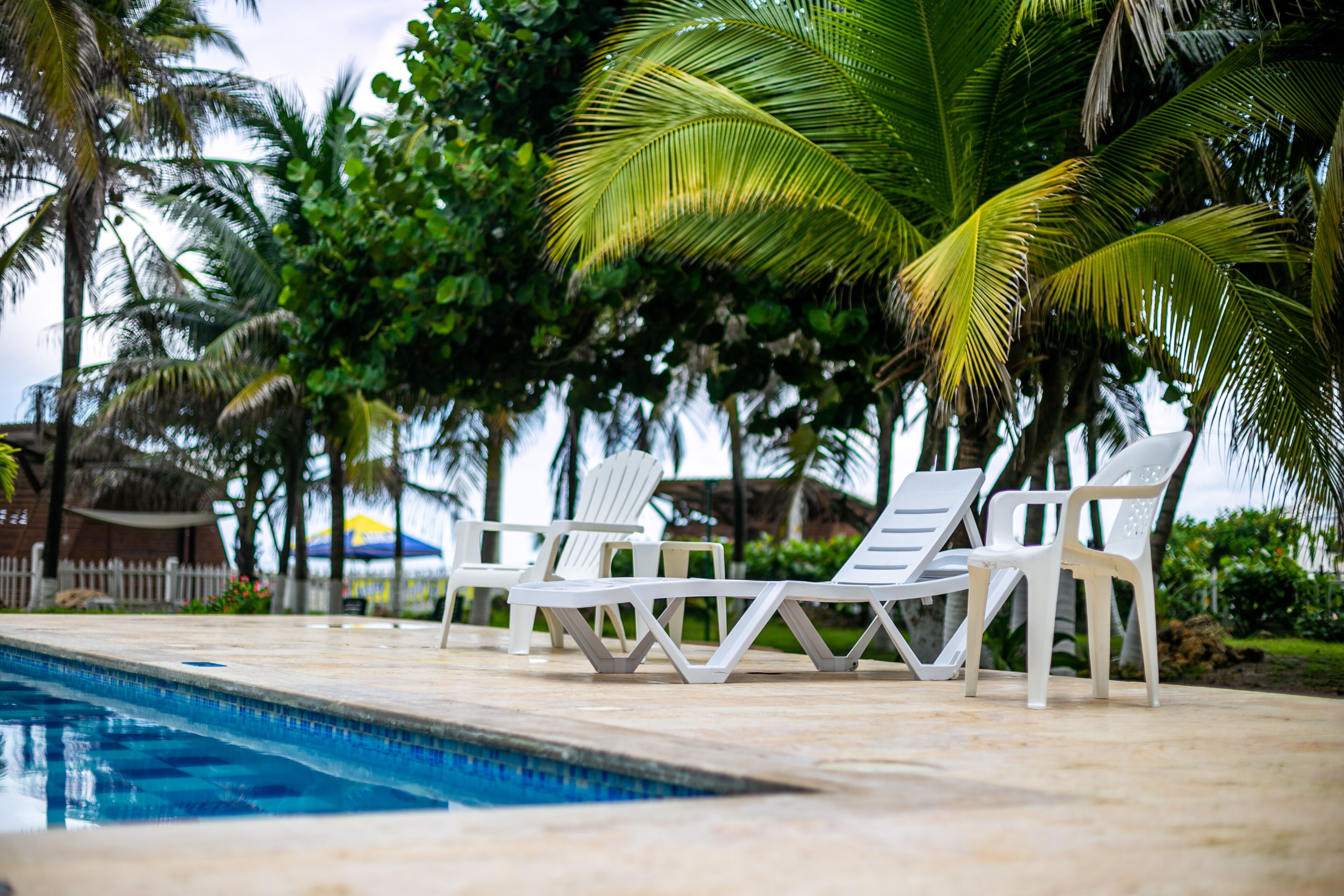 Un espace aménagé au bord de la piscine, avec des chaises longues blanches et des palmiers.