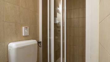Ein Badezimmer mit Toilette, Duschkabine und Toilettenpapierhalter.