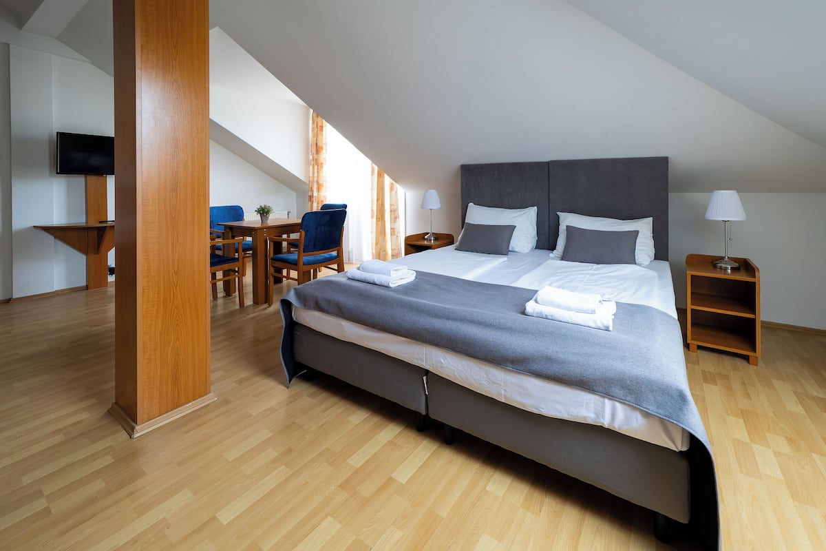 Une chambre d’hôtel moderne avec un grand lit, un plancher en bois, un bureau avec une chaise, une télévision et une fenêtre avec des rideaux.