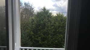 A balcony with a white railing, a door, and a view of a green landscape with trees and a cloudy sky. - Crossroad Bungalow (Paisley)