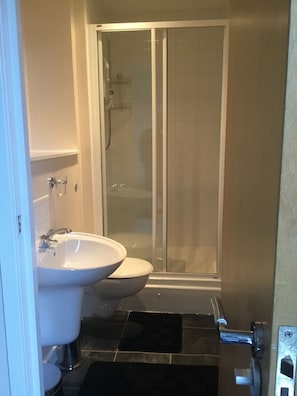 A bathroom with a sink, toilet, and shower.