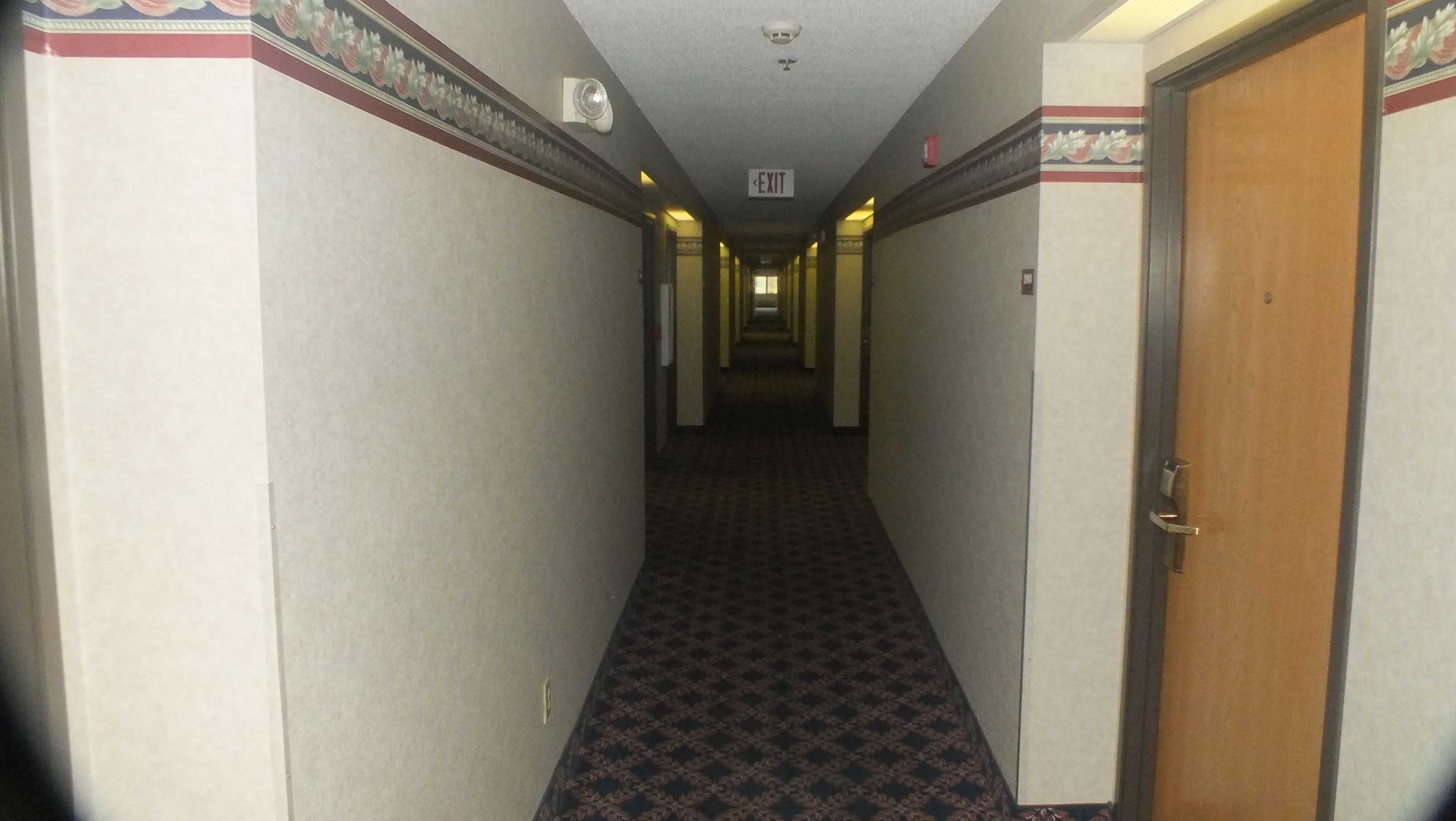 A narrow hallway with patterned carpet, a wooden door on the right, and an exit sign on the left.