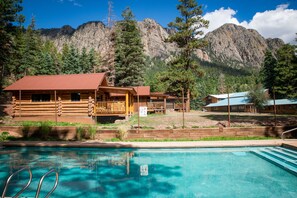 Seasonal outdoor pool, pool umbrellas, pool loungers