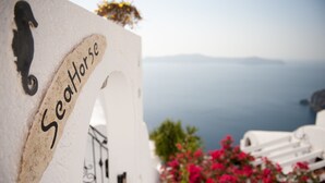 Ein Schild mit der Aufschrift 'Seaforce' und einem Seehorsensymbol, weiße Wände und Blick aufs Meer.