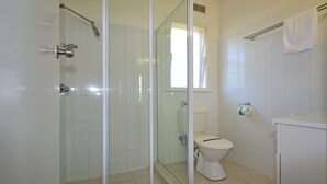 Casa de banho com chuveiro em box de vidro, sanita e lavatório.