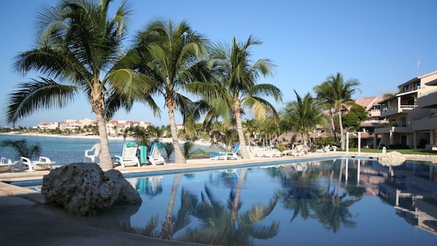 Uma área de piscina com palmeiras, espreguiçadeiras e vista para a praia e o oceano.