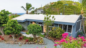 A coastal house with a blue roof, surrounded by tropical plants and flowers.