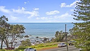 A coastal road with vehicles, trees, and a clear view of the ocean.