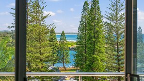 A view through a window with tall pine trees framing a beach and ocean. - Tasman Towers 12, 3 Munster Street (Port Macquarie)