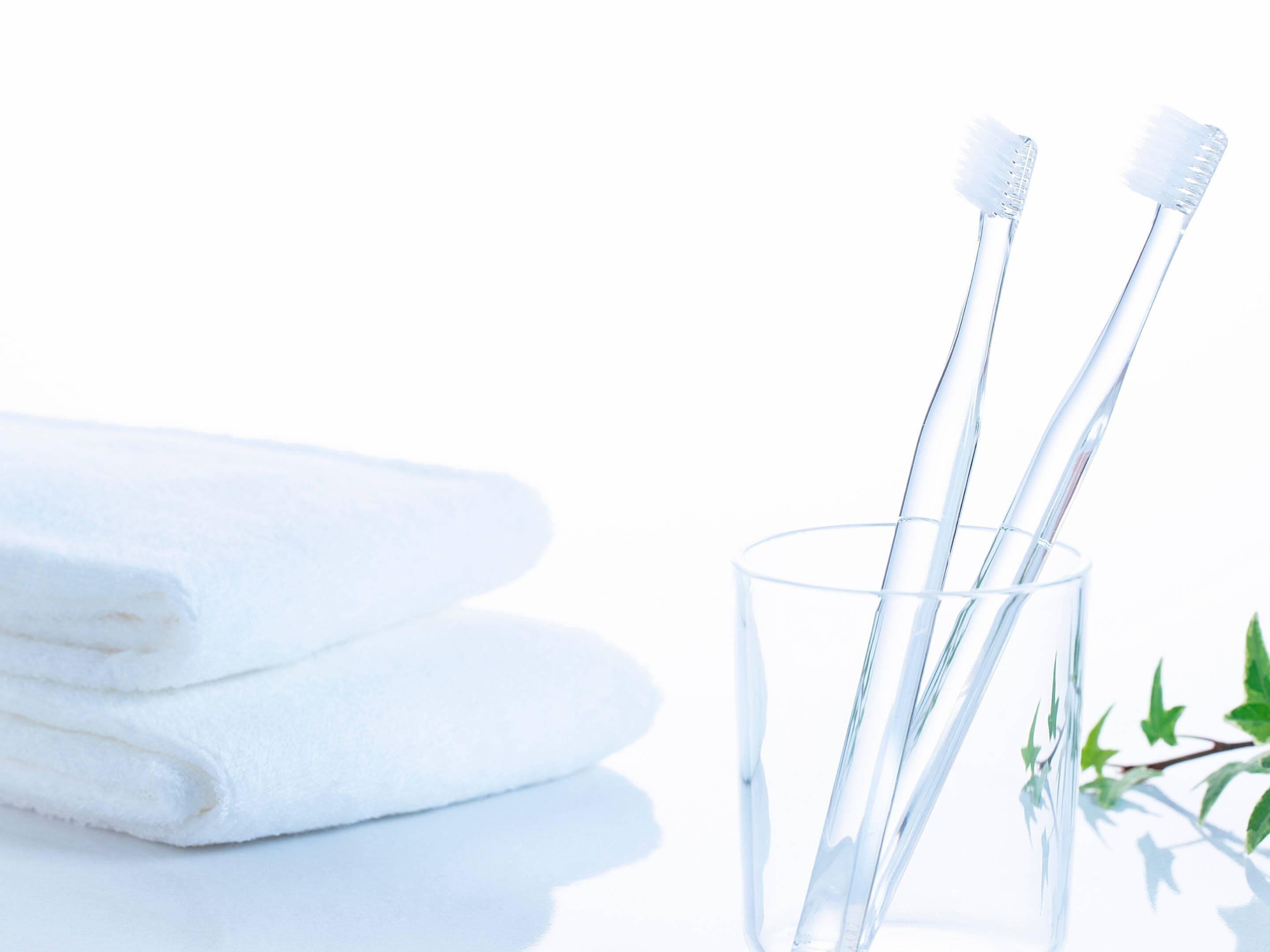 Una pila de toallas blancas, un vaso con dos cepillos de dientes y una planta verde.