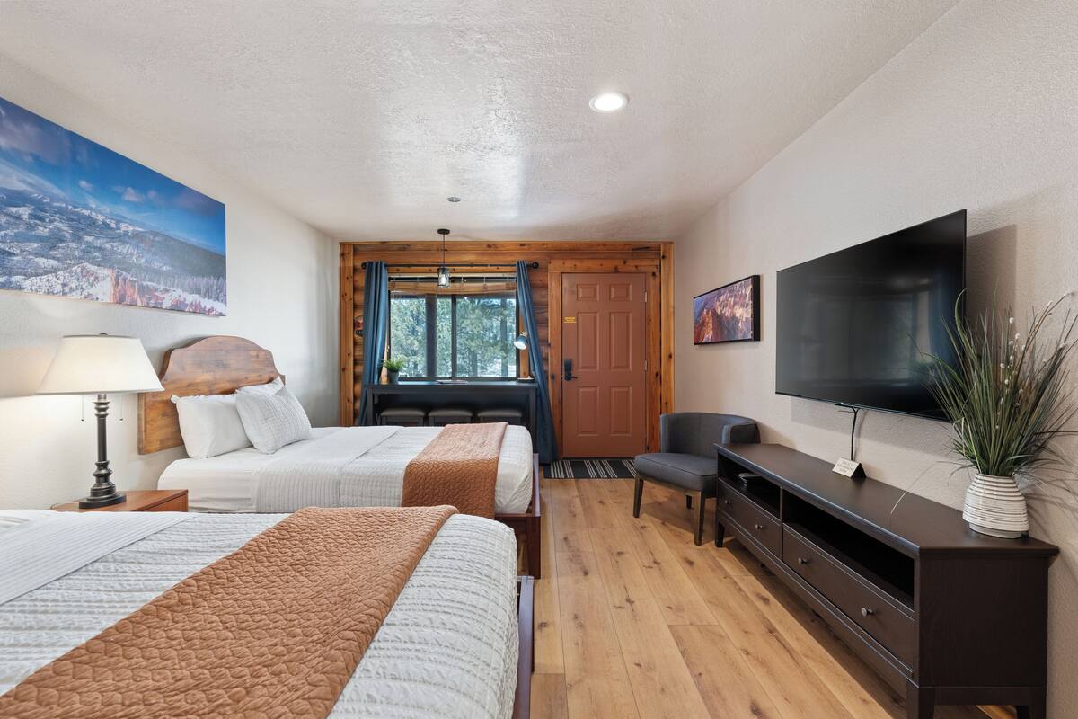 Une chambre d’hôtel avec deux lits, une télévision, une commode en bois et une fenêtre avec des rideaux.