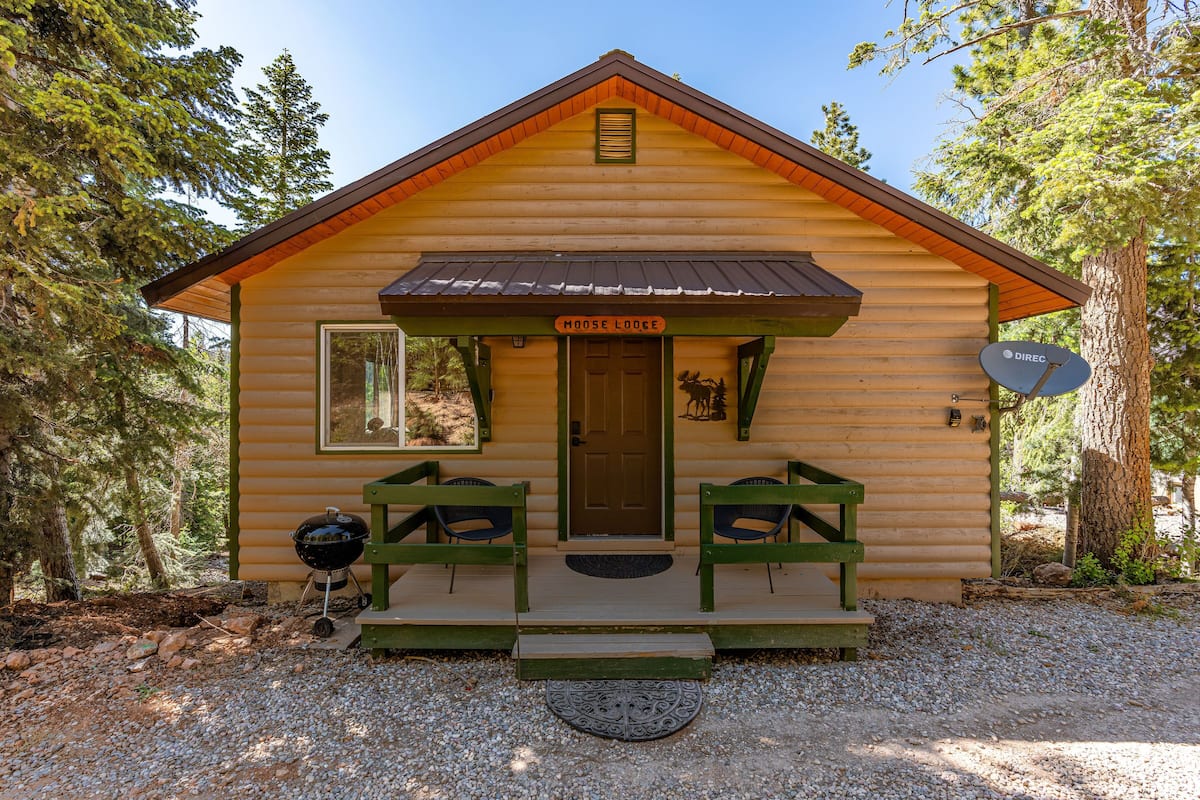 Une cabane en rondins portant l’inscription « Moose Lodge », avec une véranda, deux bancs verts, un barbecue et une antenne parabolique.