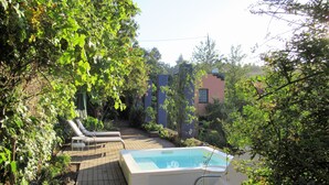 Un patio trasero con jacuzzi, sillas de descanso y una terraza de madera.