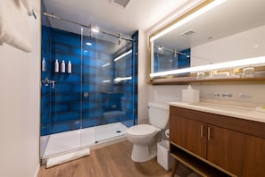Features a glass-enclosed shower, white toilet, and vanity with mirror.