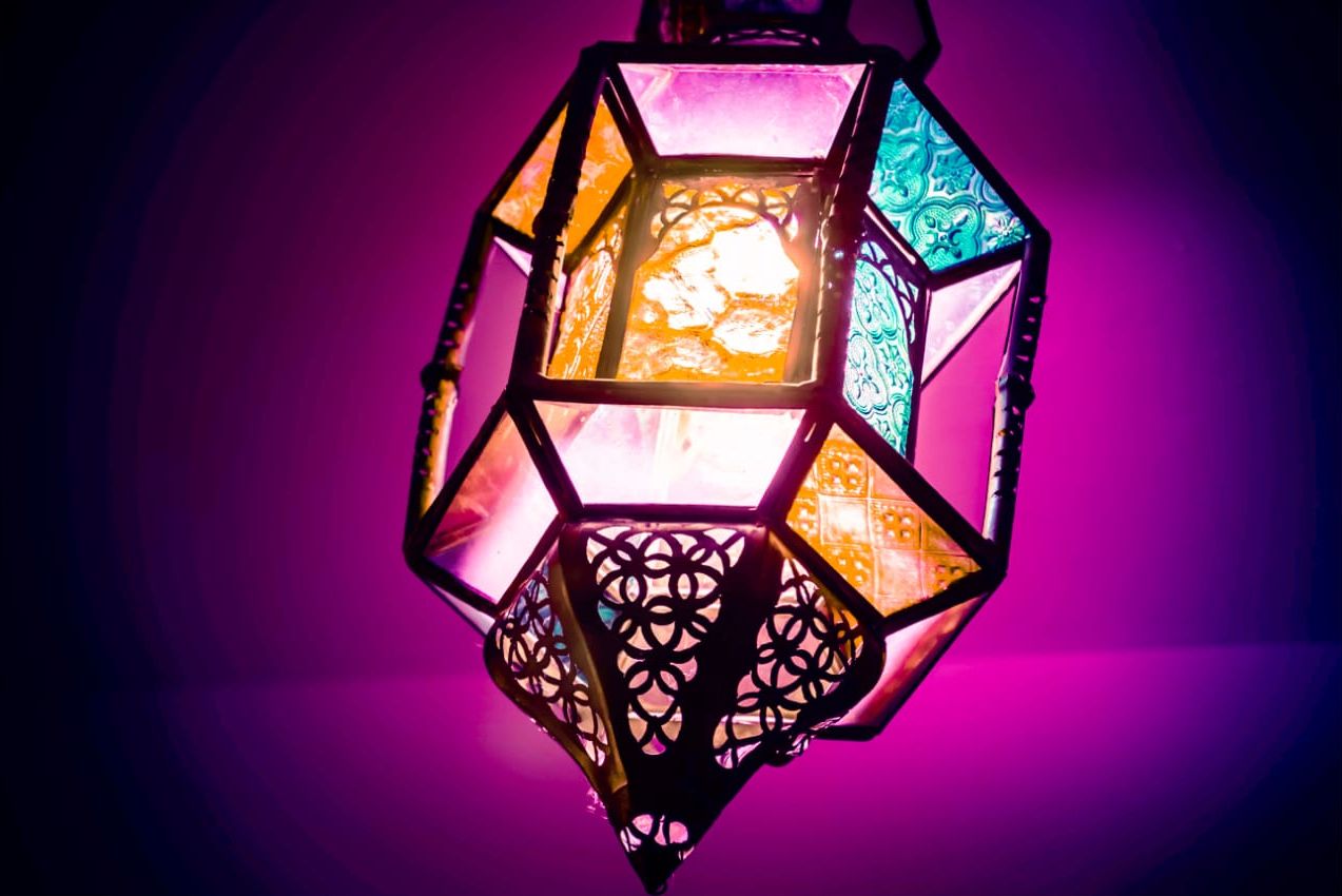 A colorful, ornate lantern with a geometric design.