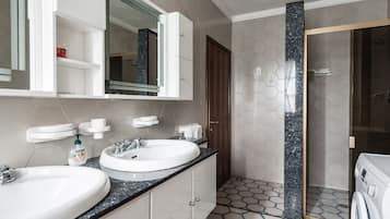 Combined shower/tub, hair dryer, bidet, towels