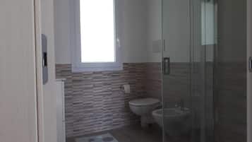 Shower, hair dryer, bidet, towels
