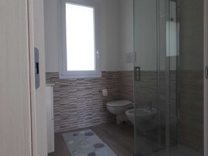 Shower, hair dryer, bidet, towels
