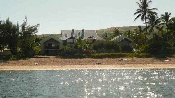 Uma propriedade à beira-mar com várias casas, uma praia de areia e palmeiras.