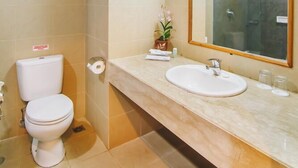 Un bagno con WC, lavabo e specchio.