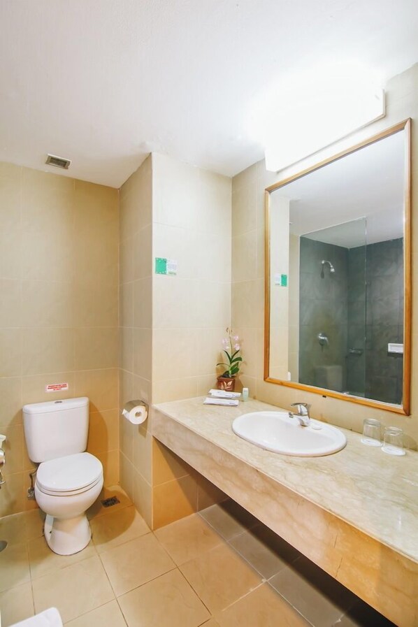 Un baño con inodoro, lavabo y espejo.