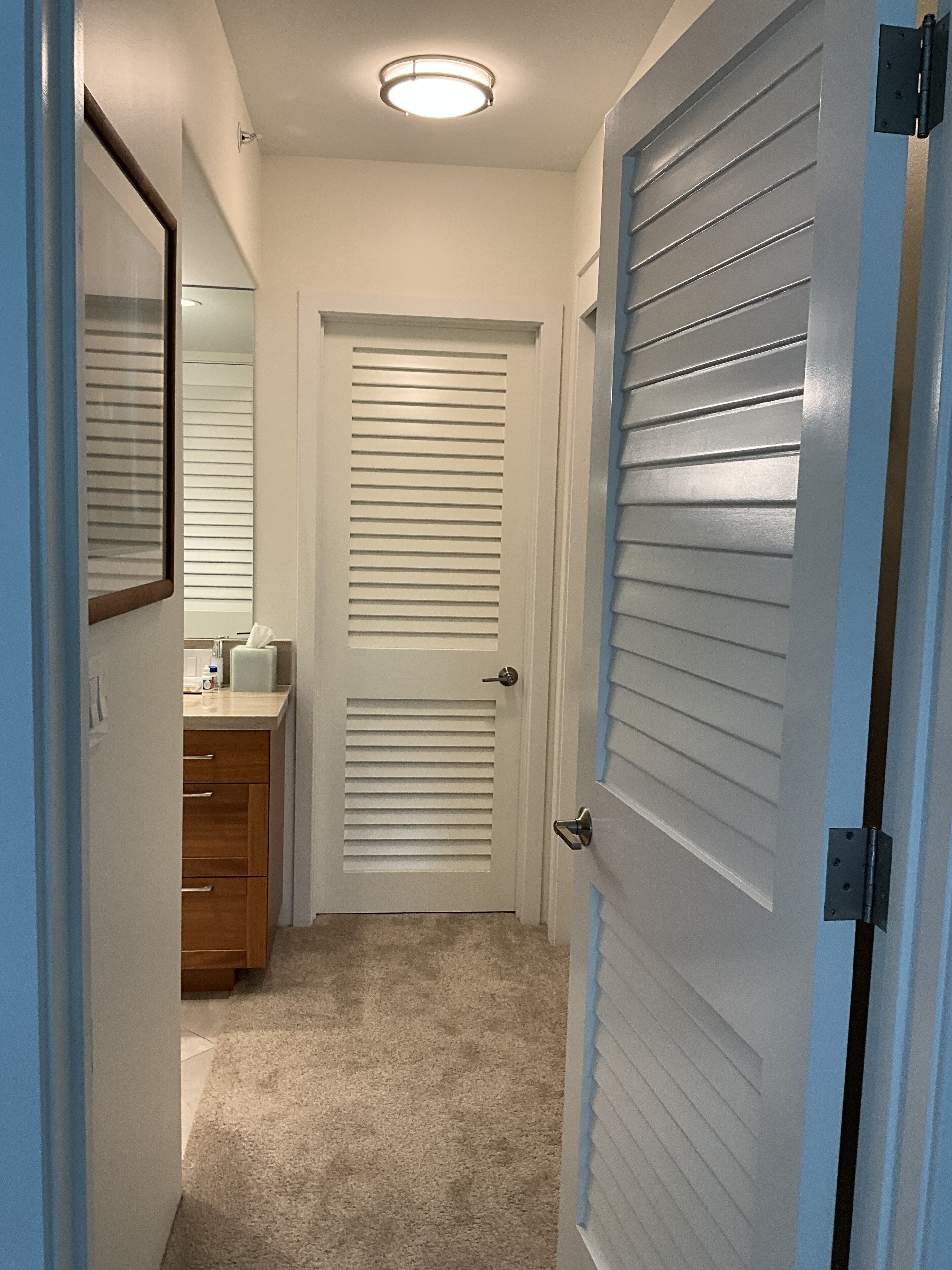 A narrow hallway with a door at the end, a mirror on the left, and a wooden cabinet with a sink.