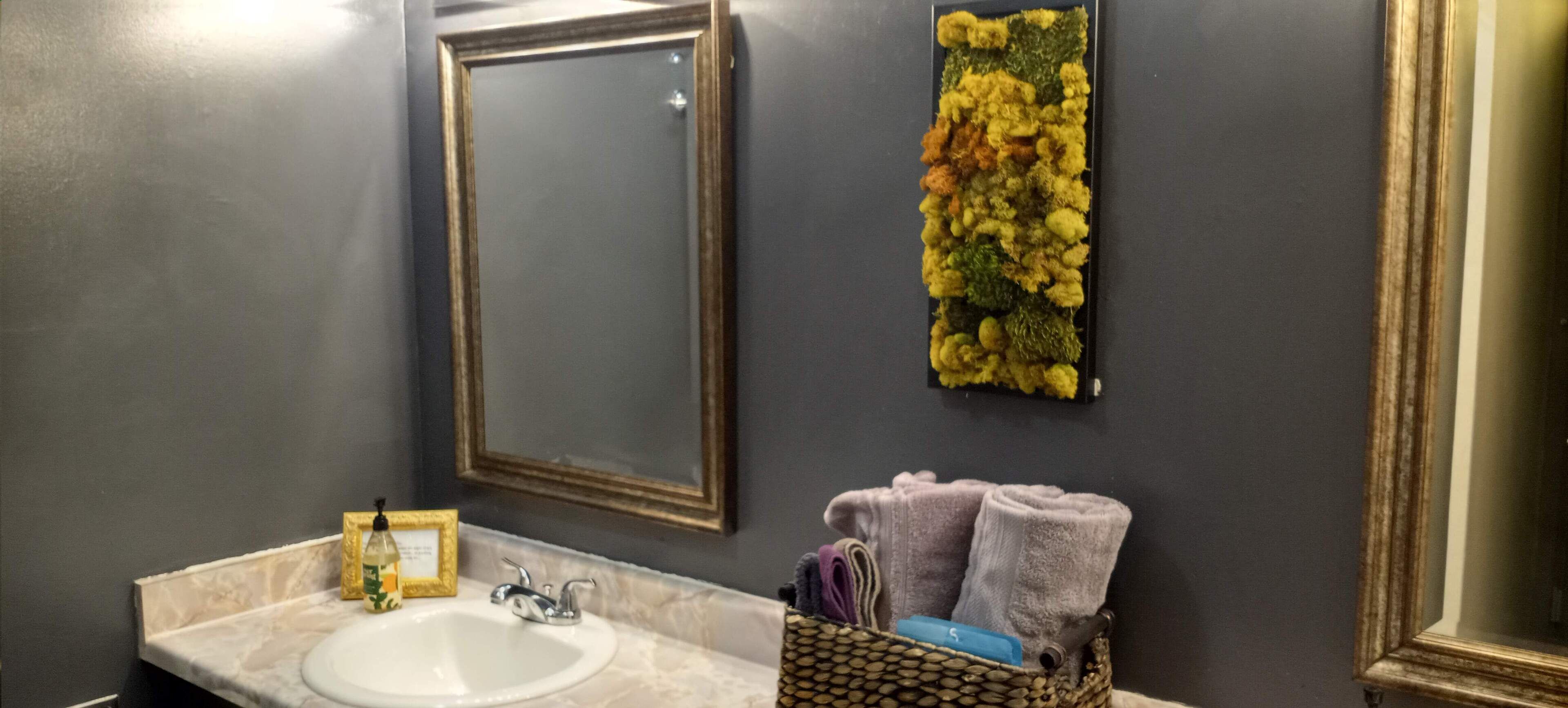 Combined shower/tub, hair dryer, towels, soap