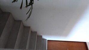 Portaat johtavat puuoveen, jossa on pieni ikkuna.