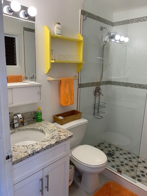 Shower, hair dryer, towels, soap