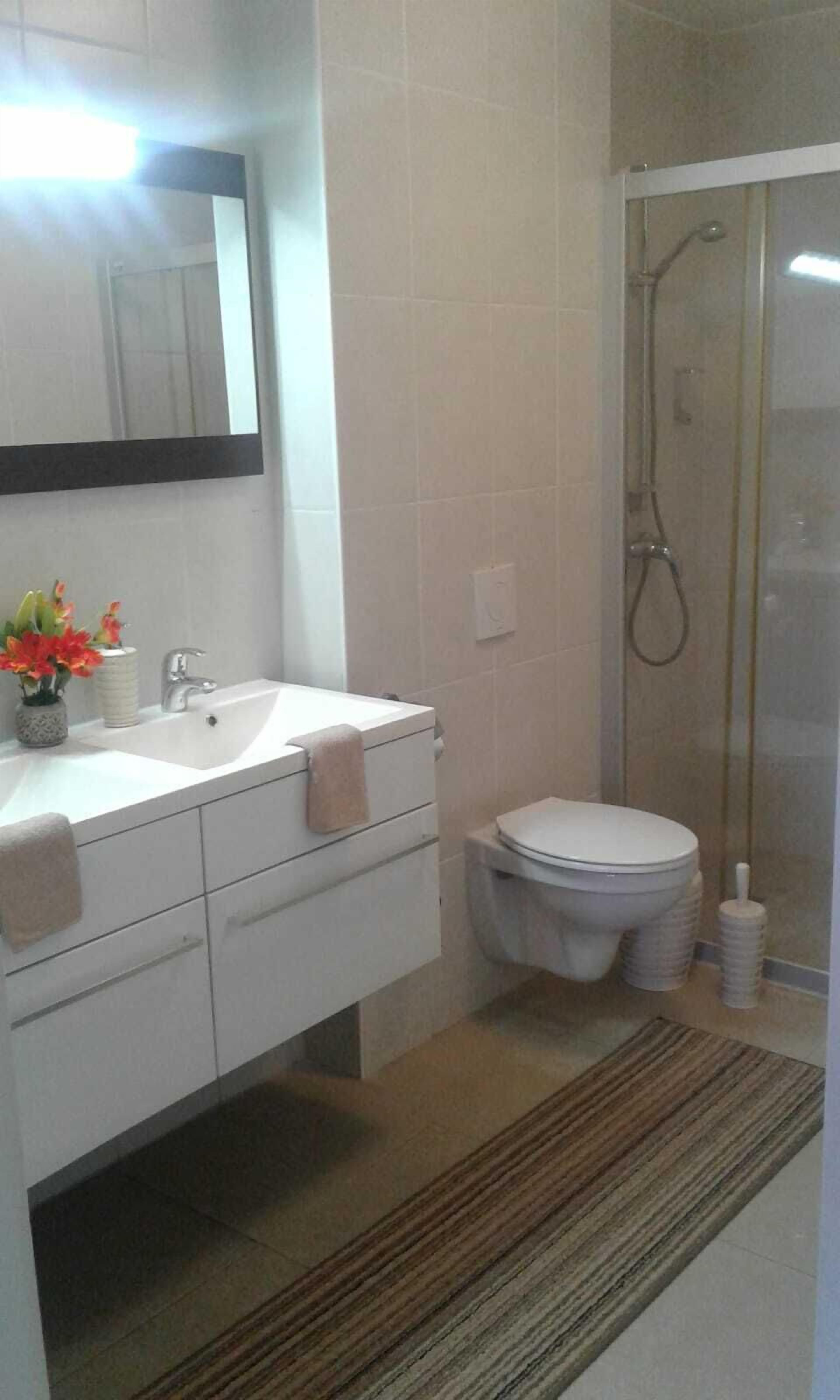 Ein Badezimmer mit Waschbecken, Spiegel und Toilette.