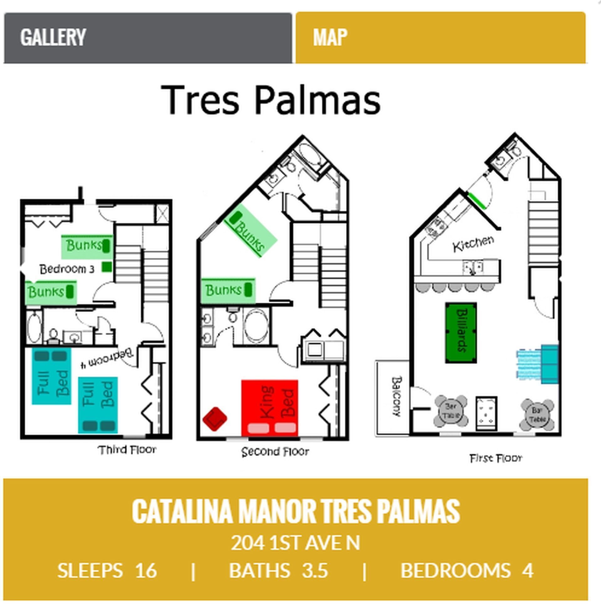 Floor plans of Catalina Manor Tres Palmas, including 3 full bedrooms, 1 king bedroom, 3.5 bathrooms, and 16 sleeps.