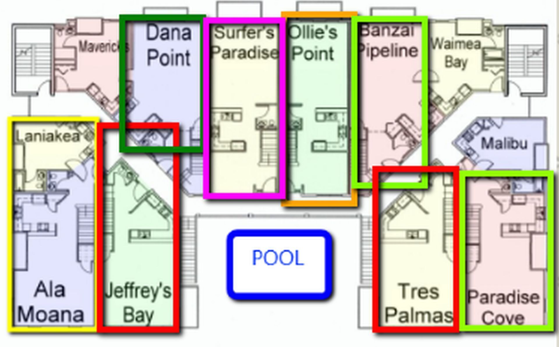 A hotel layout with multiple rooms named Dana Point, Surfer's Paradise, Ollie's Point, Banzai Pipeline, Waimatea Bay, Malibu, Paradise Cove, Tres Palmas, Jeffrey's Bay, and Ala Moana.