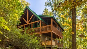 Une cabane dotée d’un toit végétalisé, d’une terrasse en bois et de plusieurs niveaux.
