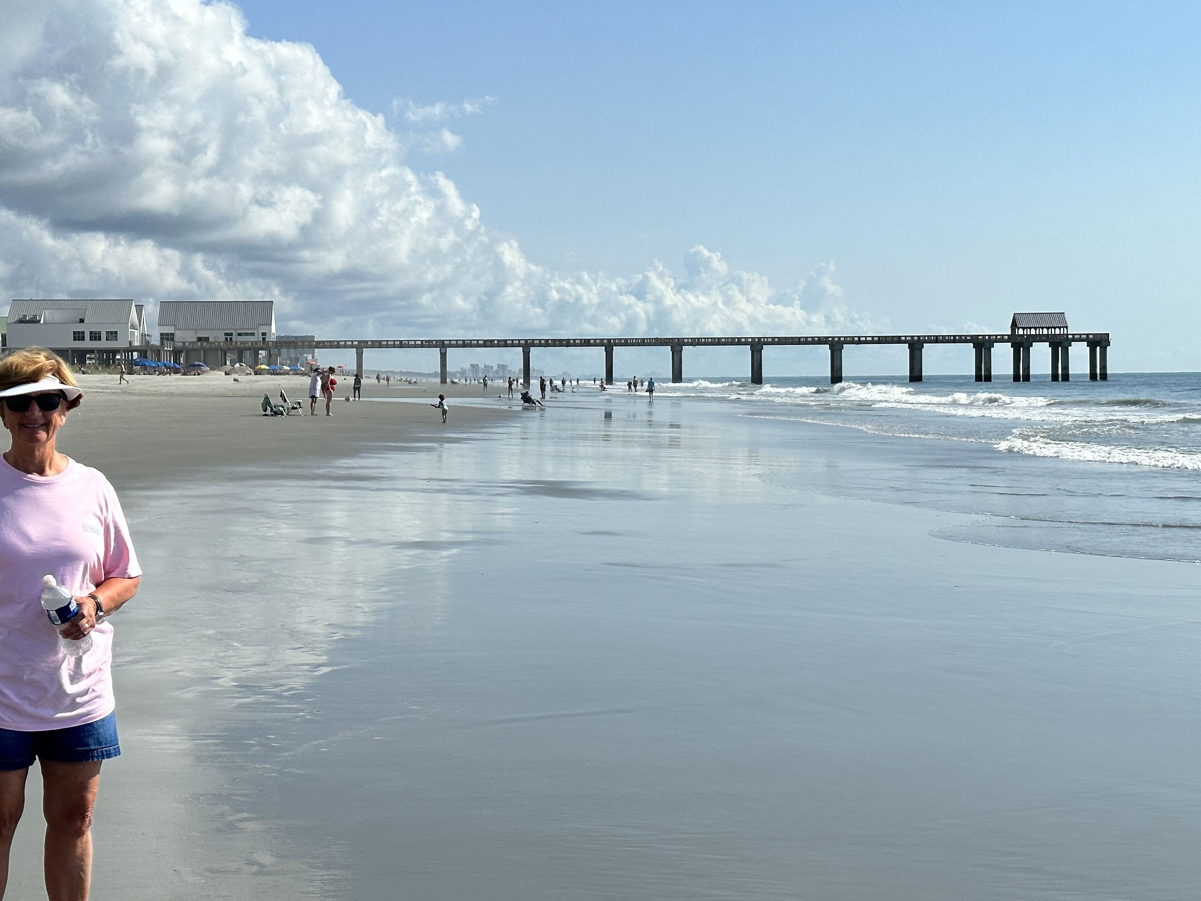 A beach with a pier extending into the water, people walking along the shore, and buildings in the background.