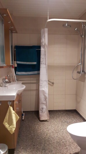 Douche, articles de toilette gratuits, sèche-cheveux