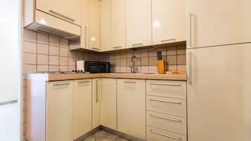 Fridge, stovetop, toaster, cookware/dishes/utensils