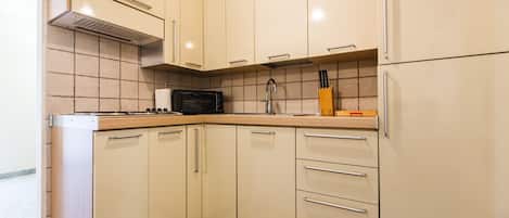 Fridge, stovetop, toaster, cookware/dishes/utensils