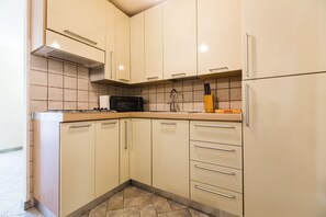 Fridge, stovetop, toaster, cookware/dishes/utensils