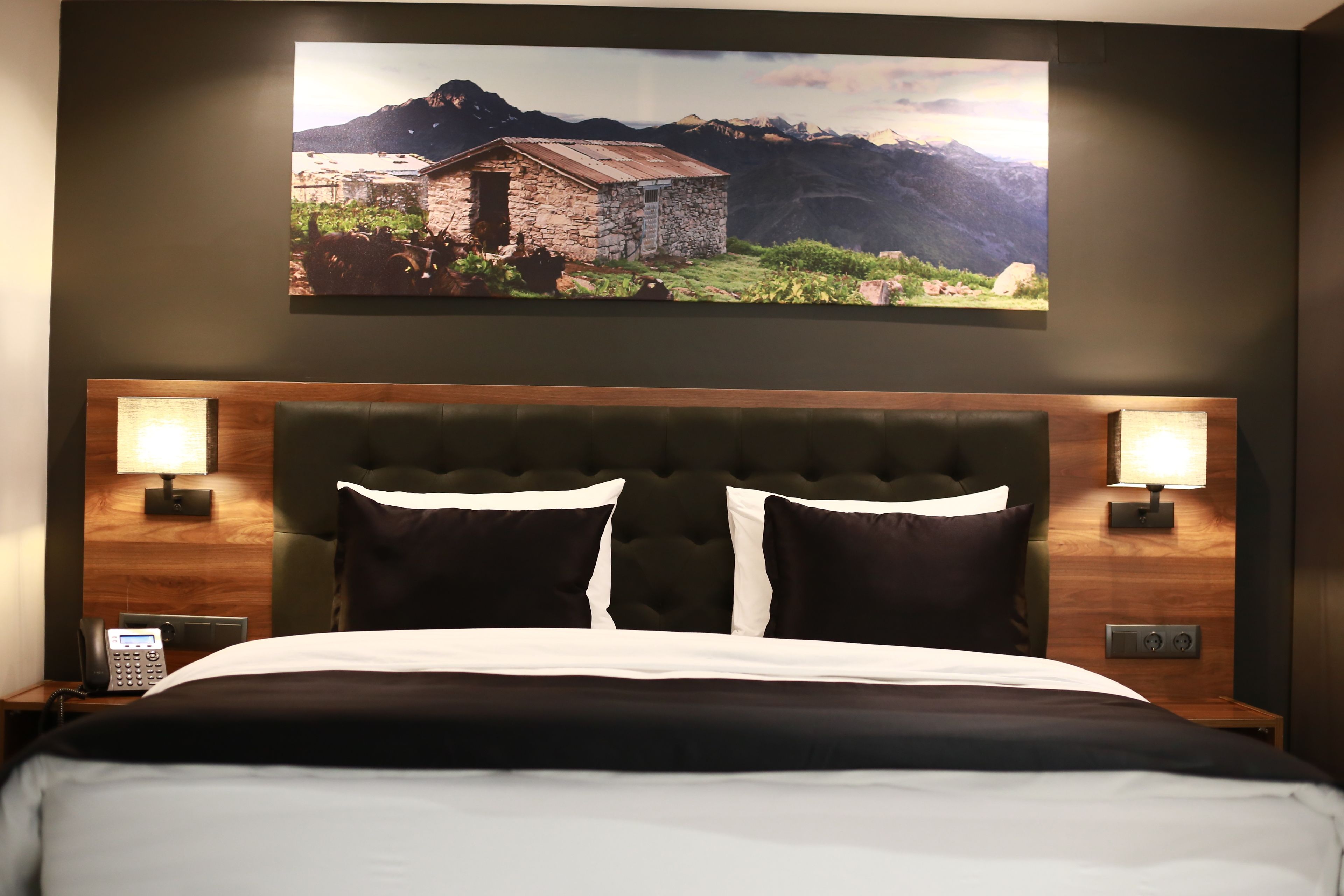 A hotel room with a large bed, two bedside lamps, a wooden headboard, and a framed picture of a mountain landscape on the wall.