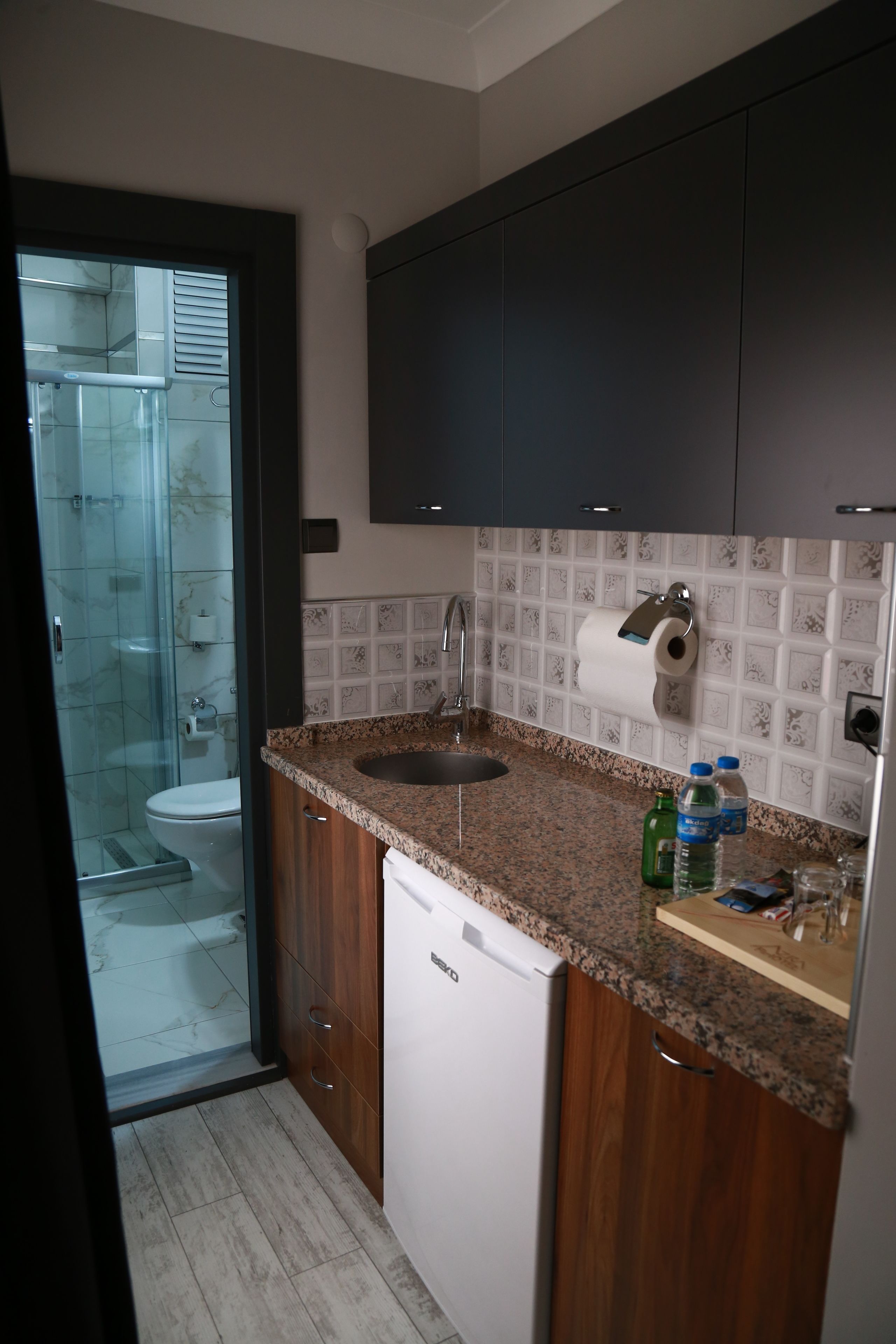 A modern kitchen with a granite countertop, a built-in dishwasher, and a glass-enclosed shower area.