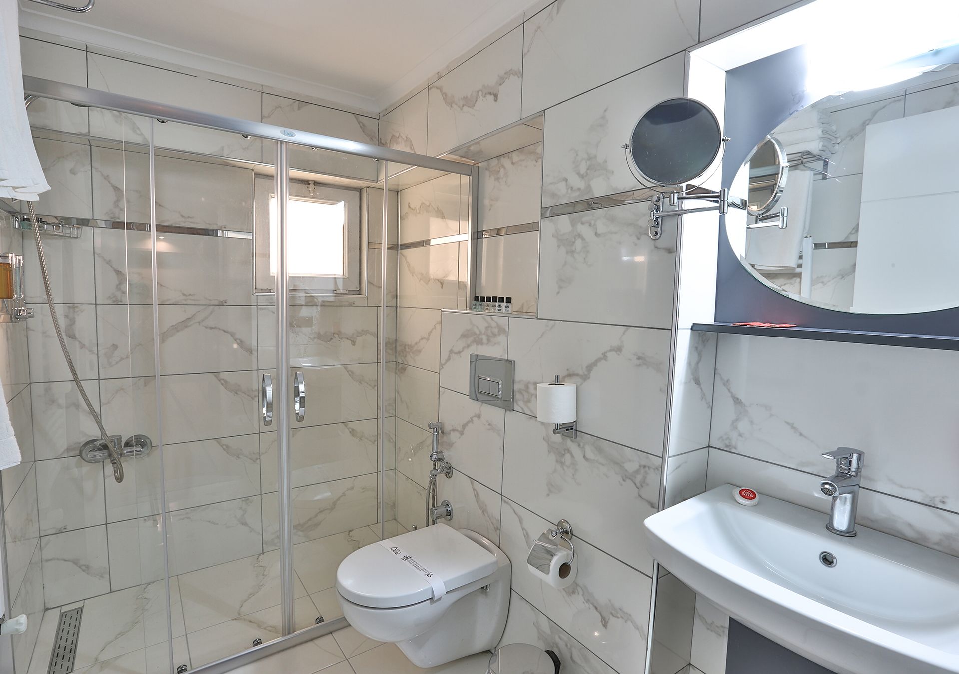 A bathroom with a glass-enclosed shower, a toilet, a sink, and a mirror.