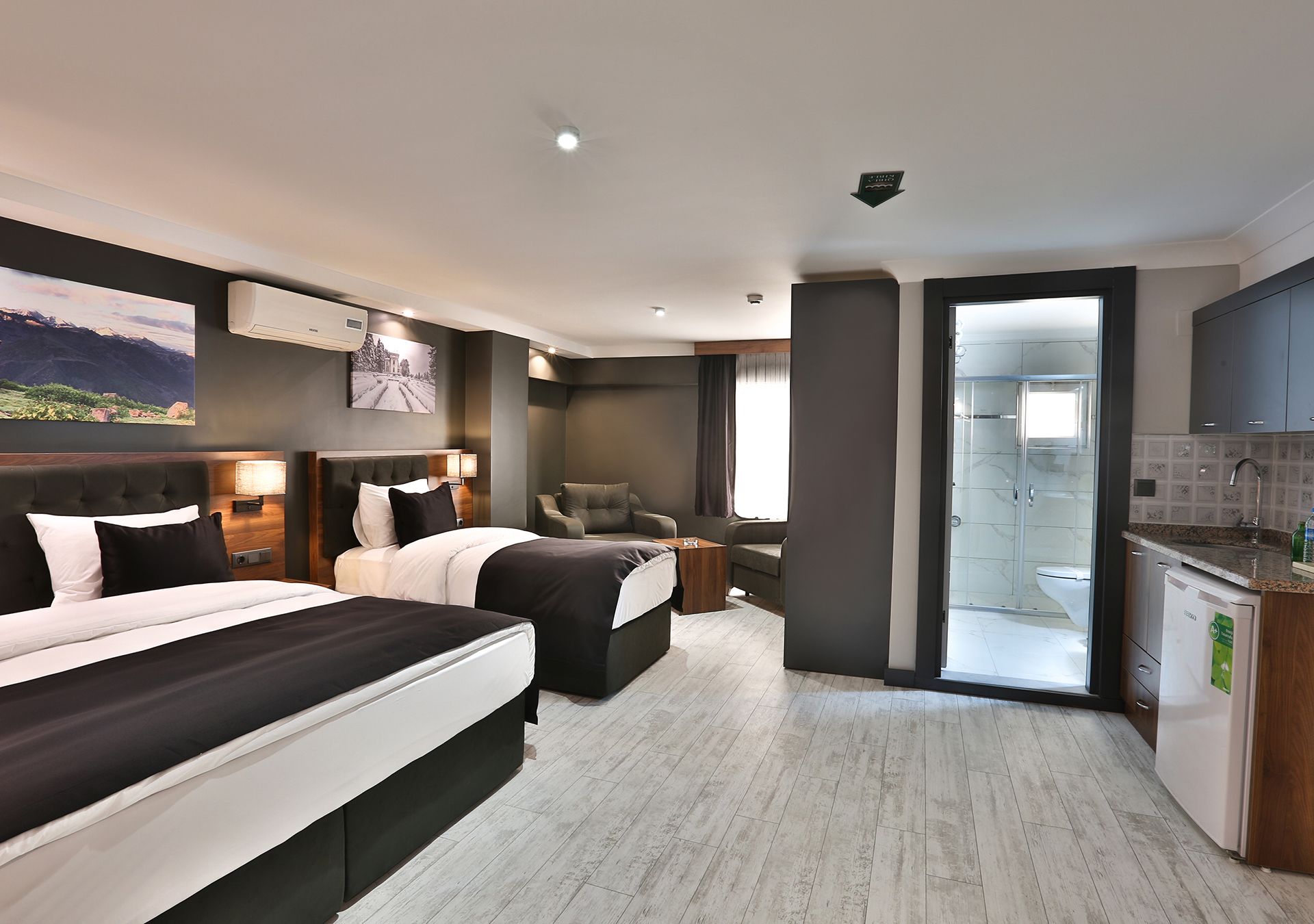 Ein Hotelzimmer mit zwei Betten, einer Sitzecke, einer Küchenzeile und einem Badezimmer mit Duschkabine.