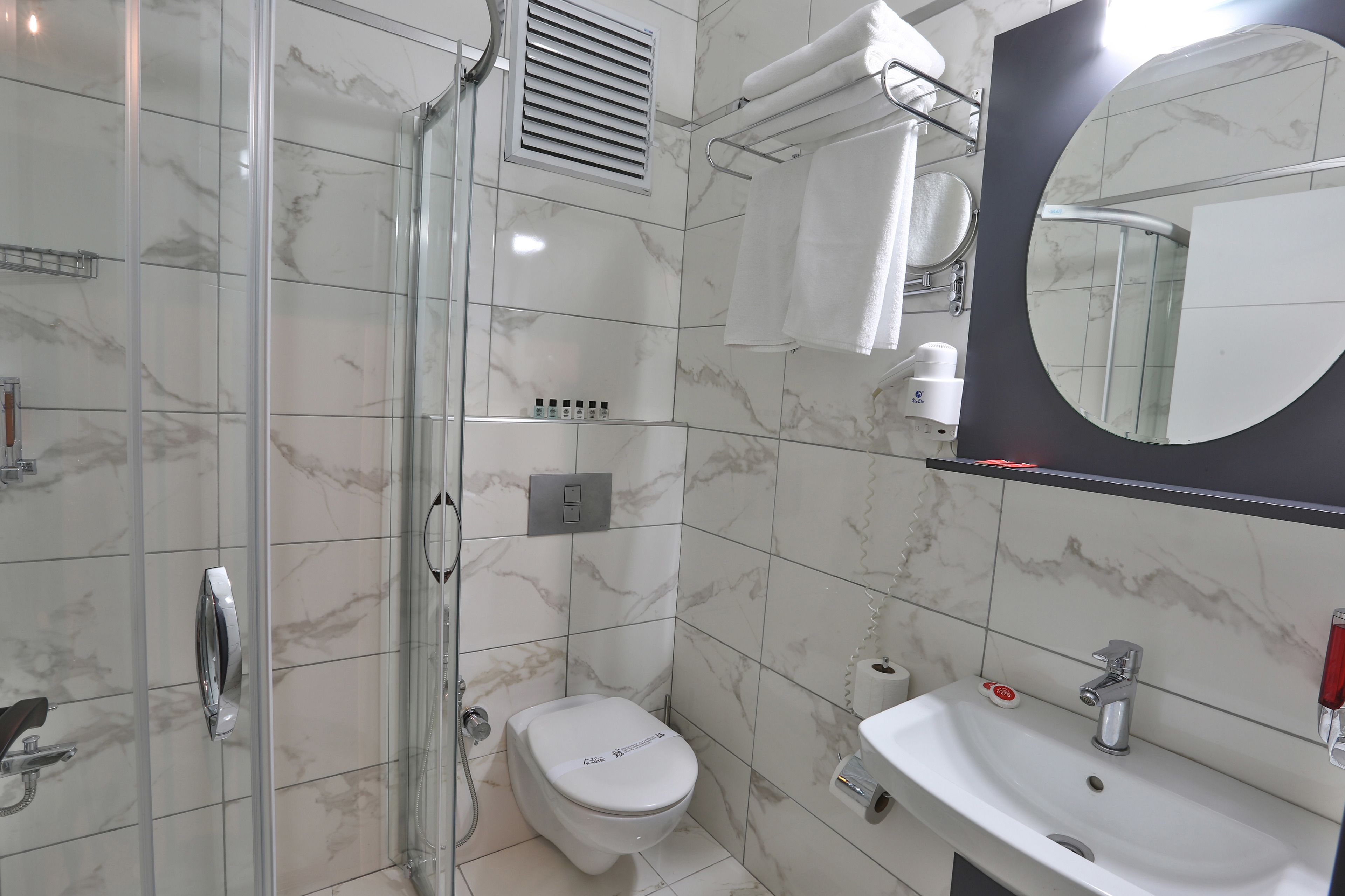 A bathroom with a glass shower enclosure, a toilet, a sink, and a mirror.